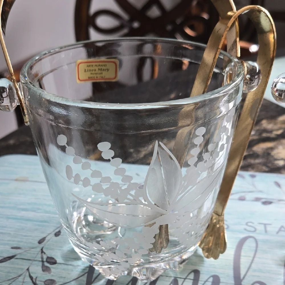 Murano Clear Glass Ice Bucket with Gold Handles